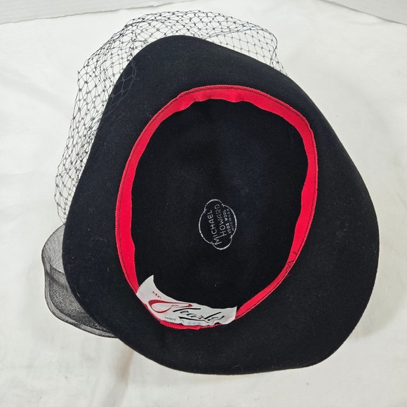 Vintage Mr Charles Black Wool Hat Gold‎ Bow Birdcage Veil Church Derby USA Made main image 6